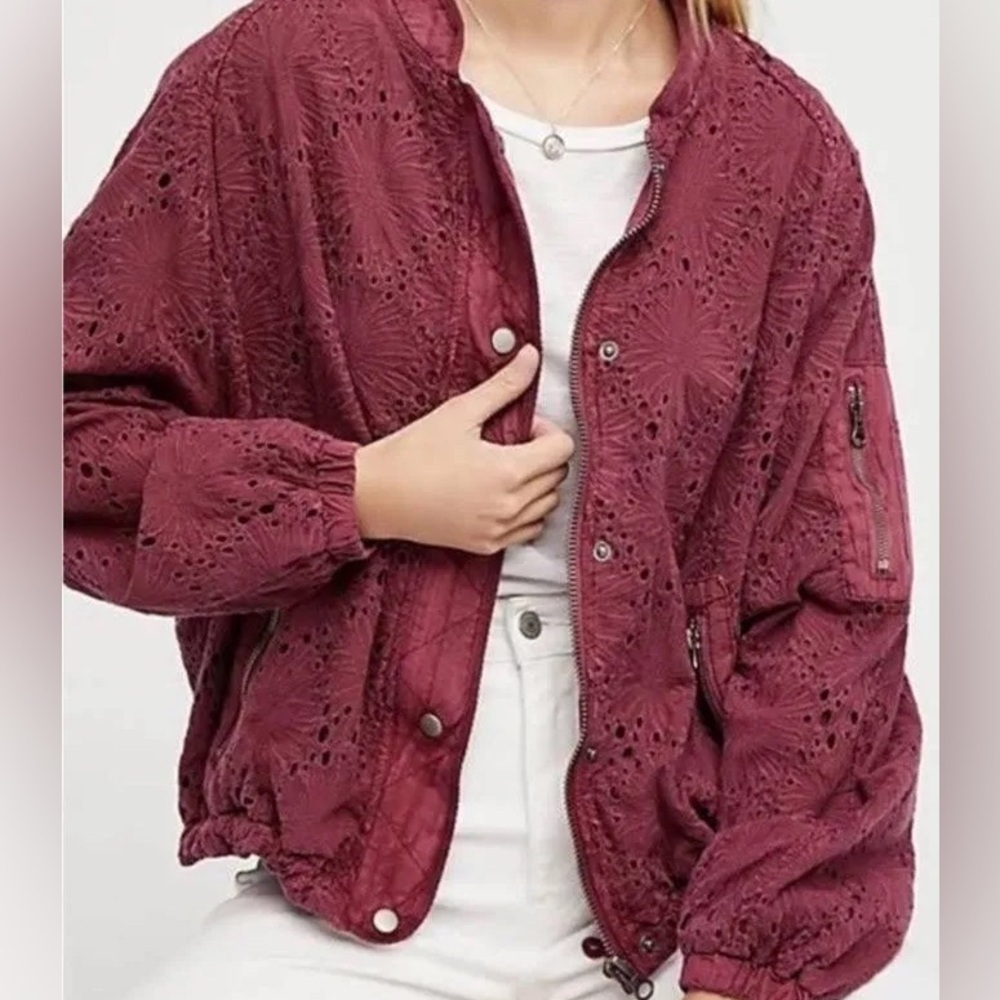 Free People Daisy Jane Eyelet Lace Bomber Jacket Small Berry Garment Dyed $168